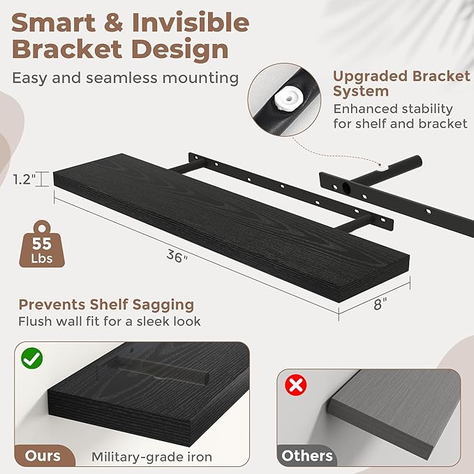 Floating Shelves for Wall with Invisible Brackets, Wall Mounted Engineered Wood Shelves with Wood Grain for Living Room, Bedroom, Bathroom, Kitchen Decor and Storage, Oak, 36"L Set of 2, Black