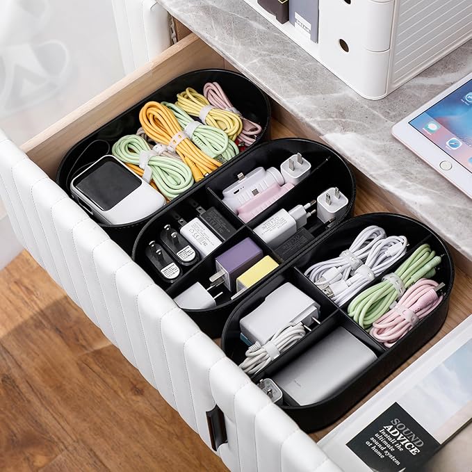 Yesesion Large Cord Storage Organizer with Lid, Plastic Cable Box with 20pcs Wire Ties for Desk Drawer, Home Office Supplies, Electronics, Clips, Clamps, Pens, Phone Chargers, Art Craft (Black)
