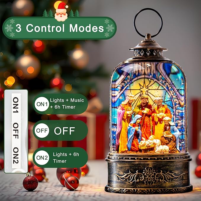 10.3" Christmas Snow Globe Water Lantern with Nativity Scene Battery Operated or USB Powered Musical Lighted Holiday Decoration for Tabletop Display for Family and Friends