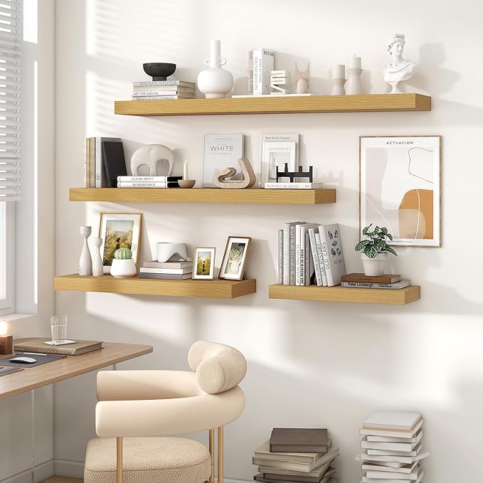 Heimlove 36 Inch Floating Shelves for Wall Set of 2,Oak Wall Shelves for Storage & Decor - Heavy Duty with Invisible Brackets,Perfect for Living Room,Bedroom,Home Office