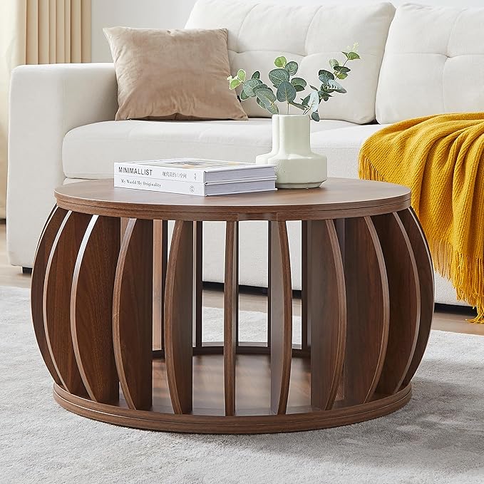 Drum Coffee Table with Storage,31.5” Wood Round Coffee Table,Farmhouse Pumpkin-Shaped Center Table for Living Room Home Office (Walnut)