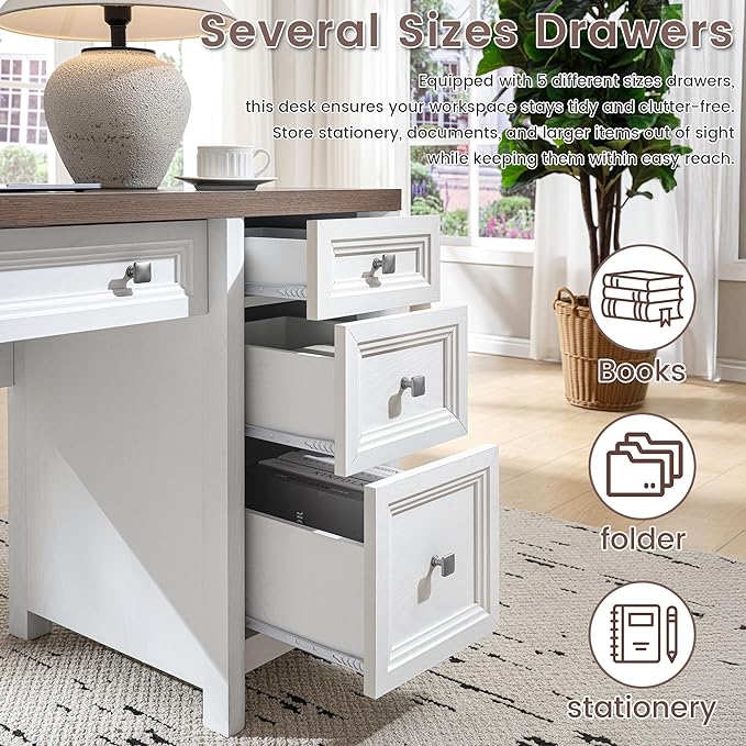 58” Executive Office Desk with Storage, White Home Office Desk with 5 Drawers, Farmhouse Writing Table with Cabinet Adjustable Shelf, White & Walnut Wooden Desk, Workspace for Study Writing