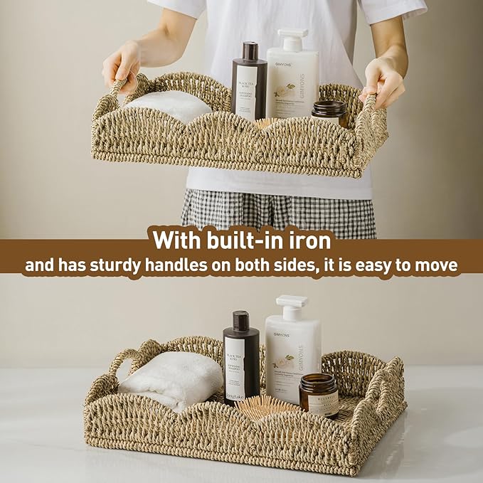 Wicker Tray, Handwoven Woven Tray with Handles and Scalloped Edge, Rectangle Wicker Basket for Home Decor and Organizing, 16.9" L x 12.9" W x 1.96" H