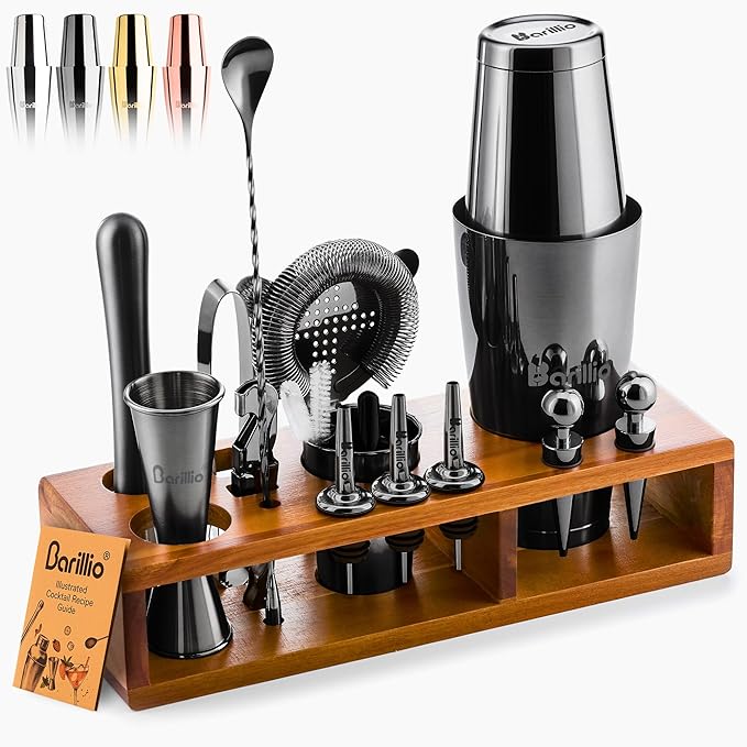 Barillio Black Bartender Kit – 23-Piece Stainless-Steel Cocktail Shaker Set with Premium Acacia Stand | Martini Barware Mixing Tools for Home Bartending | Gift Set