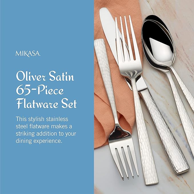 Mikasa Oliver Satin Flatware Set for 12, 65 Piece 18/10 Stainless Steel Silverware with Stylish Satin Finish and Serving Utensils, Durable Dinnerware Service