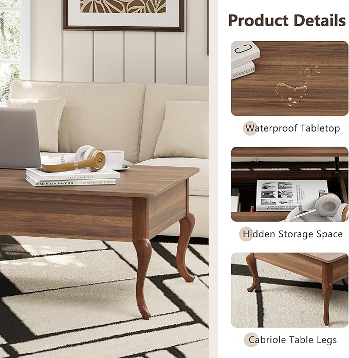 Lift Top Coffee Table, Farmhouse Coffee Table with Hidden Storage, Wood Center Table Dining Table for Living Room, Apartment, Home Office (Walnut)