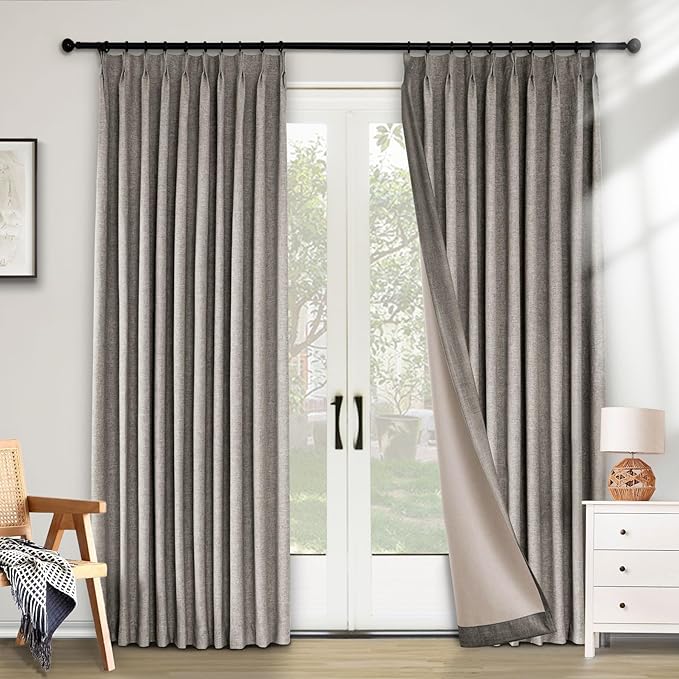 Macochico Blackout Curtains for Bedroom Pinch Pleated Linen Curtains Thermal Insulated White Blackout Window Treatments for Living Room Farmhouse Nursery Retro Grey with Tieback 52" Wx72 L 1 Panel