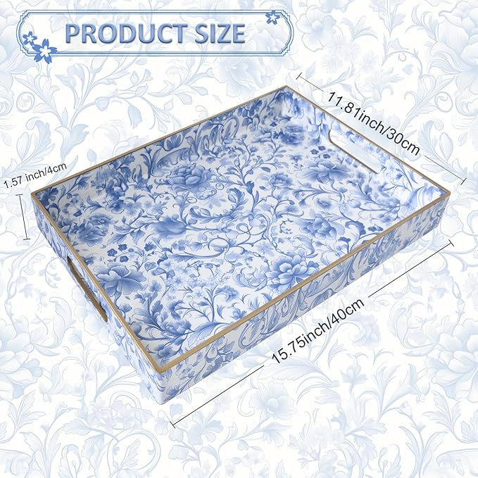 Serving Tray with Handles, Rectangular Plastic Tray 15.75x11.81 Inch, Blue and White Peony Chinese Porcelain Style Decorative Tray for Kitchen, Dining Table, Vanity, Office & Home