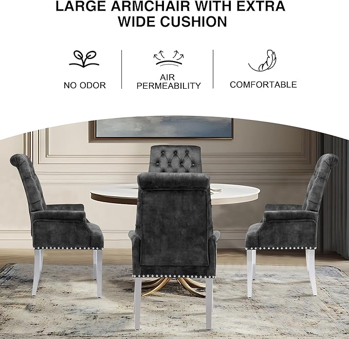 AODCHR Upholstered Velvet Accent Dining Chair, Elegant Tufted Dining Room Kitchen Room Arm Chair with Stainless Steel Leg, Dark Grey