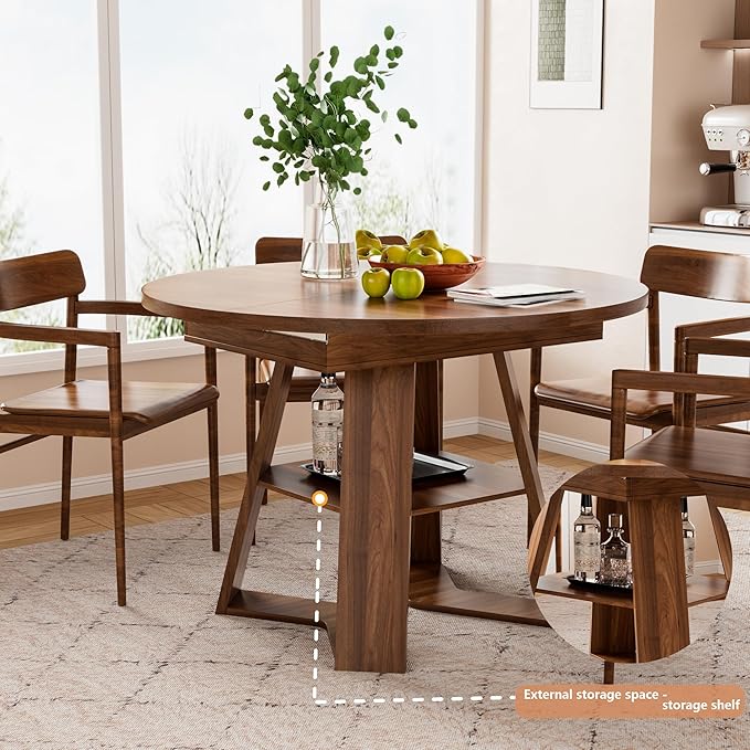 43.3in-59in Extendable Round Dining Table for 4-6,Modern Kitchen Oval Dining Table with Removable Leaves Space Saving,Wood Base with Storage Shelf for Kitchen Living Room