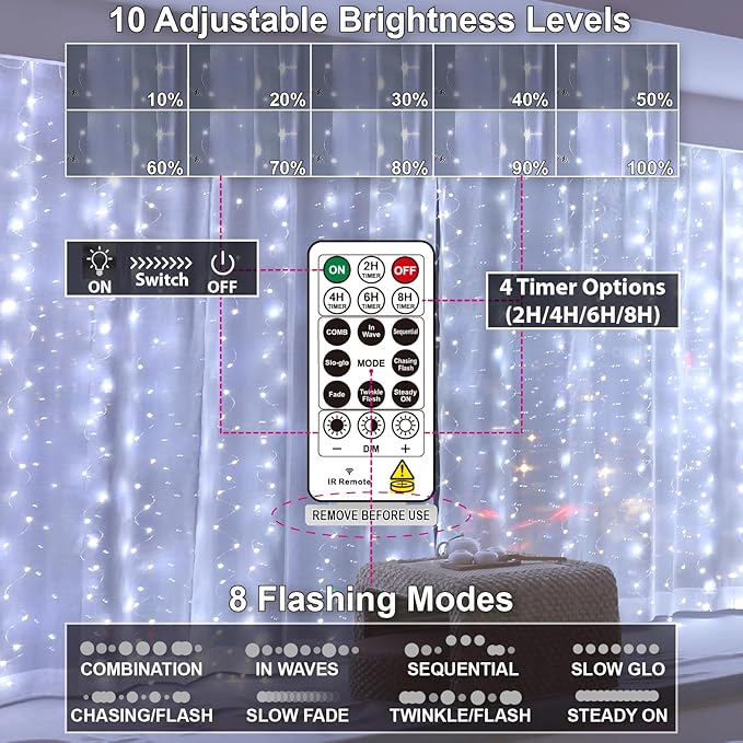 HXWEIYE 300LED Fairy Curtain Light (Upgrade Two Kinds of Light Clips) with Remote 8 Modes Times，9.8x9.8Ft White USB Plug-in Christmas Hanging String Light for Bedroom, Parties, Walls, Windows