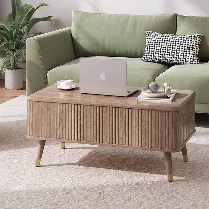 Lift Top Coffee Table, Mid Century Modern Coffee Table with Hidden Compartment, Fluted Lift Tabletop Center Table for Living Room, Home Office, Oak