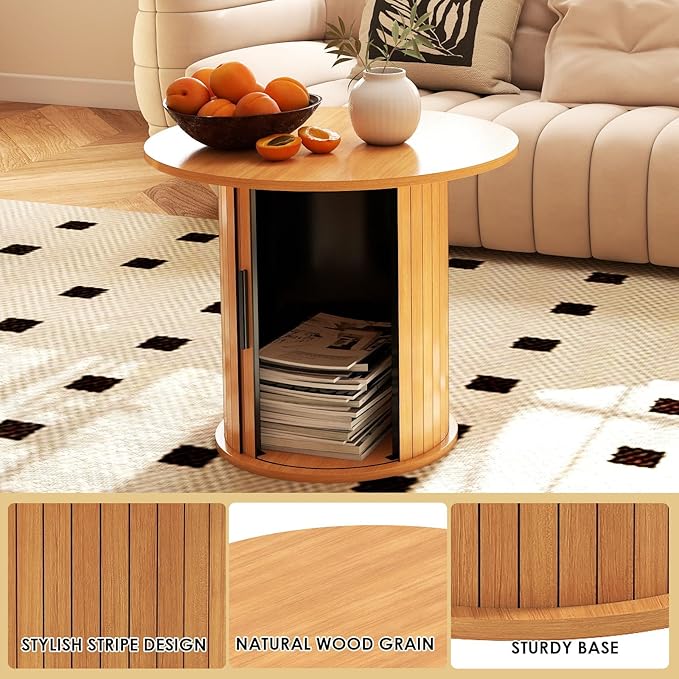 Round Wood Coffee Table 23.6IN with Hidden Storage & Sliding Door, Circle Farmhouse Side Table Sets for Living Room, Bedroom, Balcony, Small Spaces, Natural