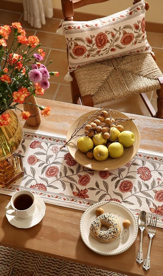 ISAENNE Designer Elegant Linen Table Runner 71 Inches Long,Vintage Orange Floral Pattern Table Runners for Dining Tables,Kitchen Decor,Thanksgiving,Christmas,Banquet,12"*71"-Alvarado A