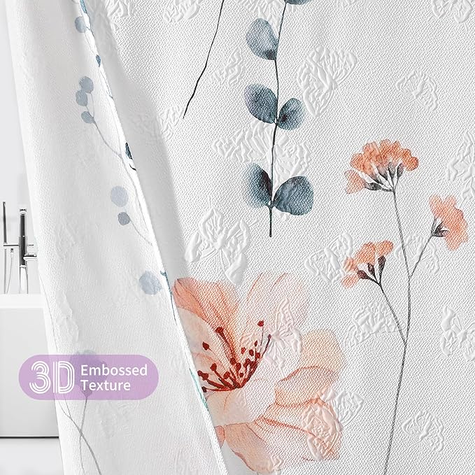 QIYI Watercolor Floral Shower Curtain, 3D Embossed Butterflies Purple Pink Flower Bathroom Curtain, Minimalist White Cloth Bath Curtains, Waterproof Fabric Texture Shower Curtain Set with Hooks, 72x72
