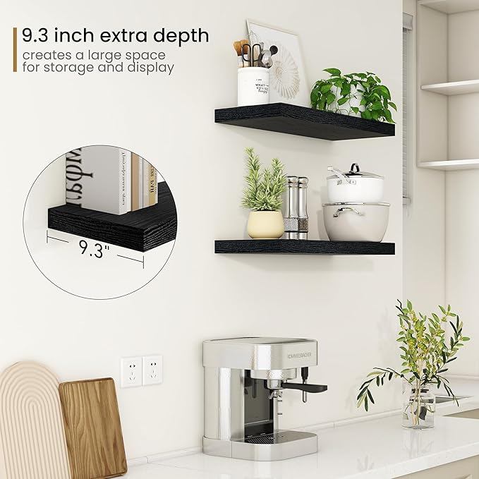 Fun Memories Floating Shelves - 2 Pack 9 Inch Deep Rustic Wooden Wall Shelves - Wall Mounted Storage Shelf with Invisible Brackets, 24" W x 9" D x 1.6" H - Black