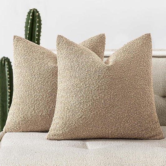 Woaboy Pack of 2 18x18 Inch Decorative Boucle Throw Pillow Covers Textured Square Pillowcaes Accent Solid Cozy Soft Cushion Covers Home Decor for Sofa Couch Living Room Home Decor,Khaki