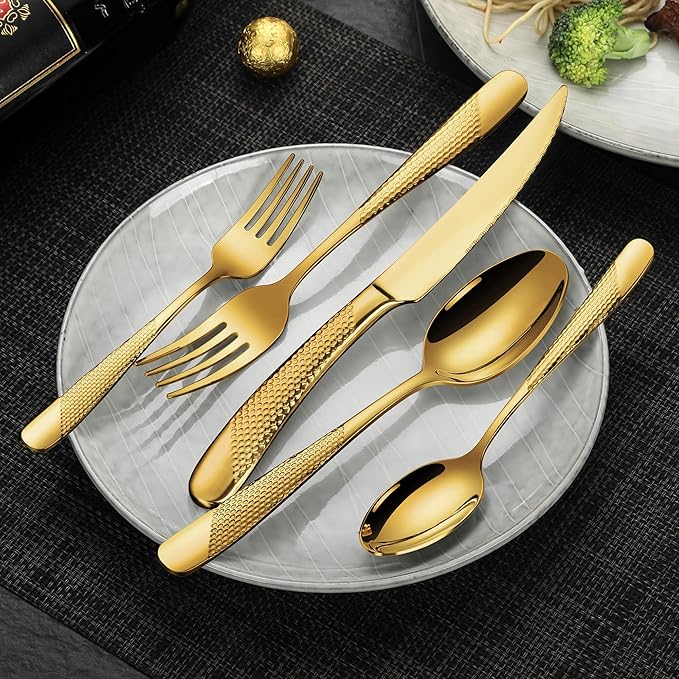 Lemeya 40-Piece Hammered Gold Silverware Set for 8 with Serrated Forging Knives,18/10 Stainless Steel Modern Flatware Set,Unique Cutlery Set Spoons and Forks Set,Mirror Polished,Dishwasher Safe
