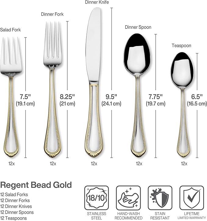 Mikasa, Gold Accent Regent Bead Flatware Service for 12, 65 Piece Set, 18/10 Stainless Steel, Silverware Set with Serving Utensils (Pack of 2)
