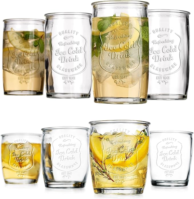 Glaver's Ice Cold Set of 8 Drinking Glasses 4-20 Oz Highball Glasses, and 4-13 Oz Whiskey Glass Cups For Everyday Home Use Water glasses, Beer, Juice, Cocktail.