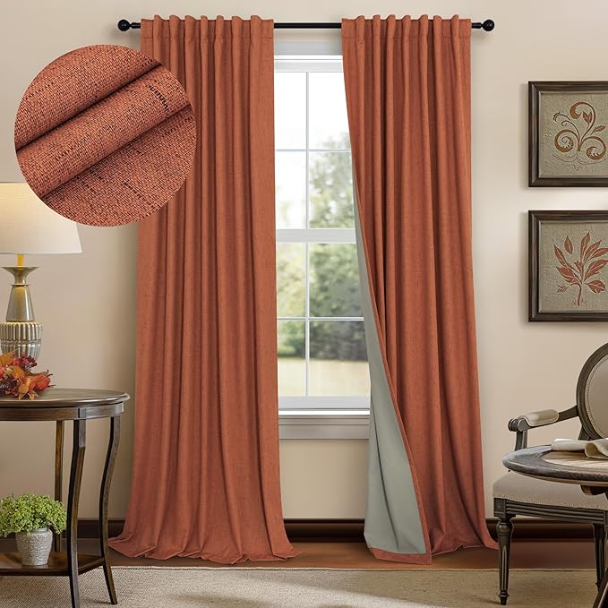 Rust Blackout Curtains for Living Room 102 Inch Length 2 Panels Set Linen Textured Thermal Terracotta Black Out Window Drapes for Bedroom Patio Sliding Glass Door Vertical Blinds Home Office 102 Long