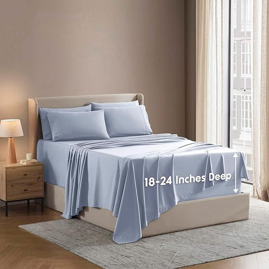 Nestl Extra Deep Cal King Sheet Set - 6 Piece Breathable & Cooling Sheets - Hotel Luxury Bedding Set w/18-24 Inch Deep Pockets - Easy & Secure Fit - Super Soft, Wrinkle Free & Comfy - Ice Blue