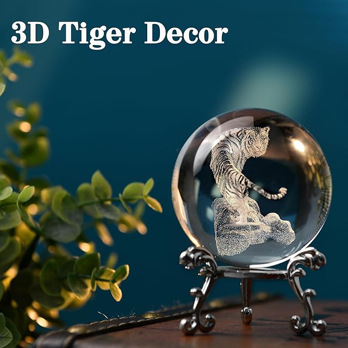 IFOLAINA 3D Tiger Crystal Ball Tiger Figurines in Crystal Ball 60mm Decor White Tiger Collectibles Decorative Globes Gift Glass Sphere Home Decor with Stand, Clear
