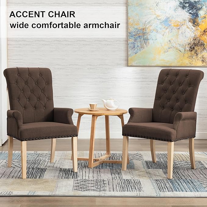 AODCHR Upholstered Fabric Accent Dining Chair Set of 6, Elegant Tufted Dining Room Chairs, Kitchen Room 2 Arm with 4 Armless, Brown