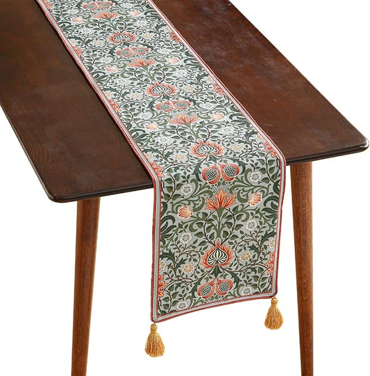 ISAENNE Designer French Green Elegant Linen Table Runner 118 Inches Extra Long,Colorful Flower Pattern Soft Table Runners for Dining Tables,Thanksgiving,Kitchen Tables,Christmas,12"*118"-Naples B