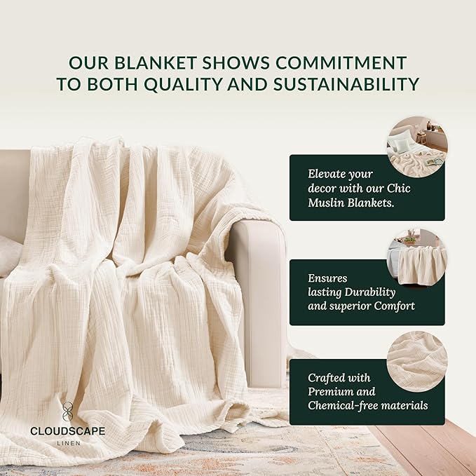 Cloud Scape Linen Extra Large 4 Layer Muslin Throw Blanket - 100% Cotton Gauze, Lightweight & Breathable All Season, Pre-Washed, for Couch & Bed, 50x70, Ivory