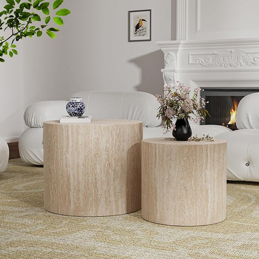 Round Wood Coffee Table Set of 2 Modern Circle Nesting Coffee Table Handcrafted Drum Nesting Table Nesting Coffee Tables for Living Room for Small Space (Travertine (D18.2+D14.6 inch))