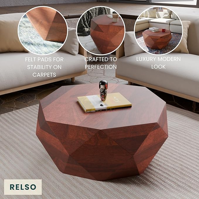 Relso Solid Wood Geometric Faceted Coffee Tables Living Room, Crafted for Versatile Use | Drum Round Shaped | for Living Rooms | Wooden Drum Coffee Table Octavian Table