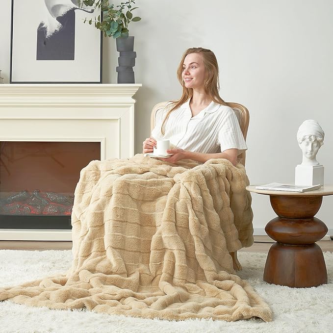 Cozy Bliss Fluffy Faux Fur Throw Blanket for Couch,Warm Cozy Soft Beige Throw Blankets for Sofa Bed Living Room,50x60 Inches