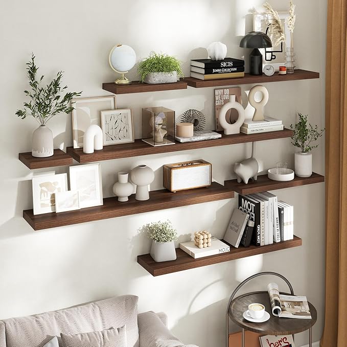 48 Inch Floating Shelves for Wall Set of 2, 8"D Wood Grain Bathroom Shelves with Invisible Brackets, Easy Install Engineered Wood Storage Shelves for Kitchen, Living Room, Bedroom, Walnut Finish