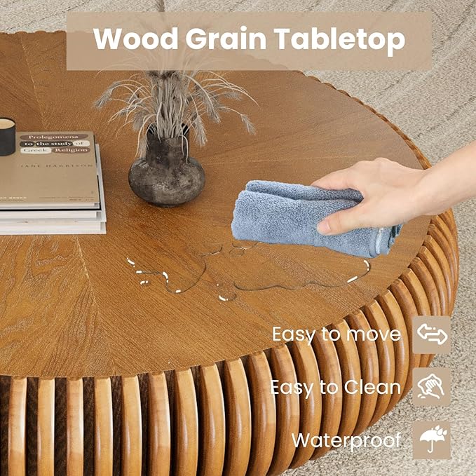 Fluted Drum Coffee Table Round Coffee Table for Living Room Mid Century Modern Coffee Tables with Sturdy Pedestal Circle Center Tea Table Accent Tea Table for Small Space Apartment (39.4inch Brown)