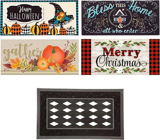 Evergreen Sassafras Fall Christmas Holiday Doormat Insert Bundle & Tray Set of 5, Interchangeable Entrance Door mats Indoor and Outdoor Welcome Mat 30 x 18 Tray Non Slip Backing Low Profile
