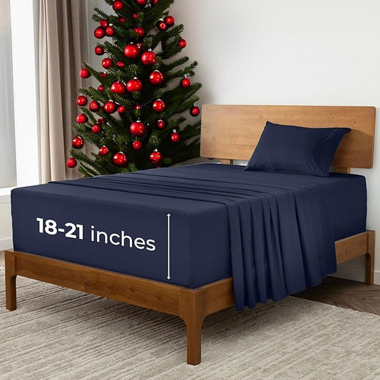 Mellanni Extra Deep Twin XL Sheets - 3 PC Iconic Collection Bedding - Hotel Luxury, Ultra Soft, Cooling Bed Sheets - Wrinkle, Fade, Stain Resistant (Twin Extra Long, Navy Blue)