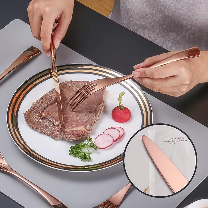 Lemeya 24-Piece Rose Gold Silverware Set with Steak Knives,Forged 18/10 Stainless Steel Cutlery Set for 4,Modern Heavy Duty Flatware Utensils Set,Forks Spoons and Knives Set,Dishwasher Safe