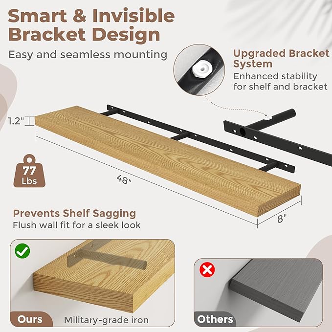 48 Inch Floating Shelves for Wall Set of 2, 8"D Wood Grain Bathroom Shelves with Invisible Brackets, Easy Install Engineered Wood Storage Shelves for Kitchen, Living Room, Bedroom, Oak Finish