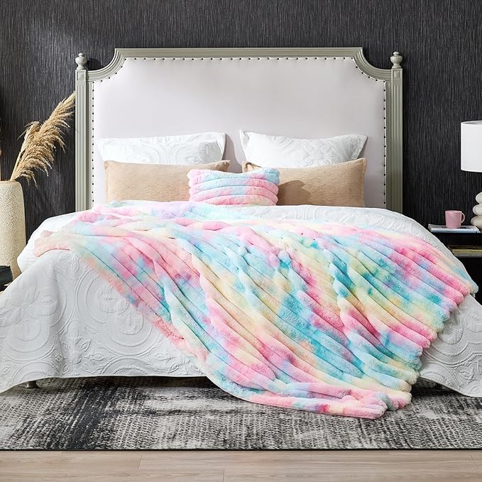 Cozy Bliss Faux Fur Throw Blanket for Couch, Cozy Warm Plush Striped Blanket for Sofa Bedroom Living Room, 60 * 80 Inches Tie-dye Rainbow