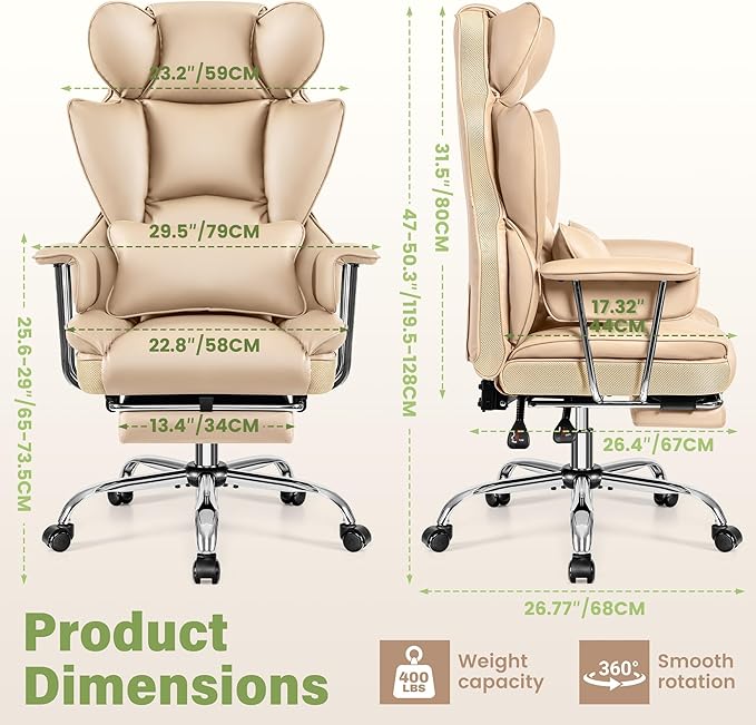 Office Desk Chair 400 LBS, Big and Tall Office Chairs with Footrest, Leather Computer Gaming Chairs with Adjustable Height, Executive Office Chairs with Lumbar Support, Beige