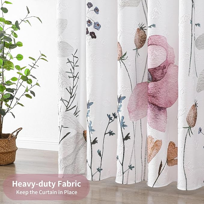 QiyI Floral Shower Curtain, 3D Embossed Butterflies Watercolor Wildflower Bathroom Curtain, Minimalist White Cloth Bath Curtains, Waterproof Fabric Textured Shower Curtain Set with Hooks, 72x72