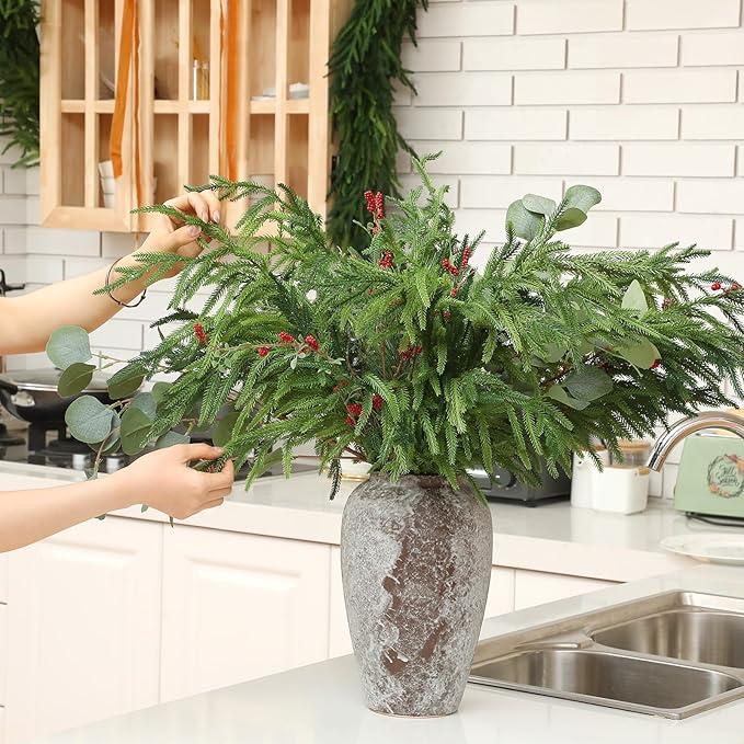 Jutom 6 Pcs 30 Inch Christmas Norfolk Pine Branches, Lifelike Bendable Non-Shedding Greenery Stems Faux Pine Picks for Christmas Mantel Centerpiece Garland Wreath and Holiday Decor