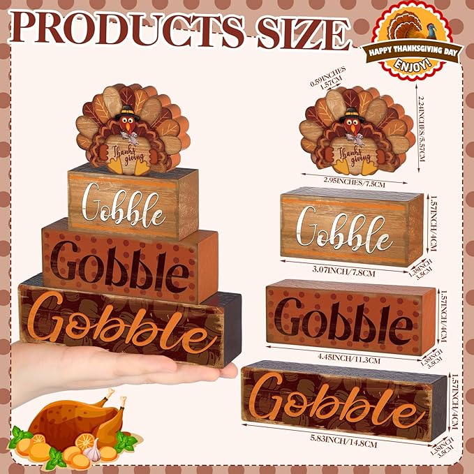 4 Pcs Thanksgiving Decor for Home Cute Turkey Wooden Signs with Sayings Thanksgiving Fall Tiered Tray Decor Turkey Tabletop Centerpiece Gobble Block Signs for Office Kitchen Shelf