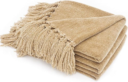 RECYCO Throw Blanket Soft Cozy Chenille Throw Blanket with Fringe Tassel for Couch Sofa Chair Bed Living Room Gift (Beige, 50" x 60")