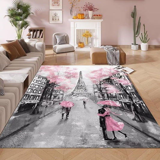 kxry 6 * 9 Feet Pink Paris Eiffel Tower Soft Area Rugs for Kids Girls Women French Style Couple Lover Flower Floor Carpet for Living Room Bedroom Dorms Nursery Rooms Home Decor Aesthetic