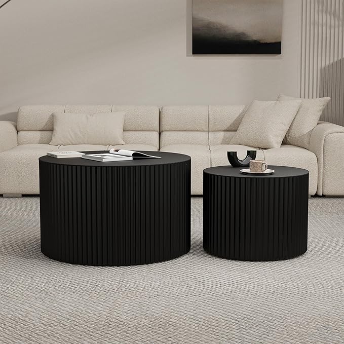 Round Wood Coffee Table Set of 2 Modern Circle Nesting Coffee Table Handcrafted Drum Nesting Table Nesting Coffee Tables for Living Room for Small Space (Black (D18.9+D14.8 inch))