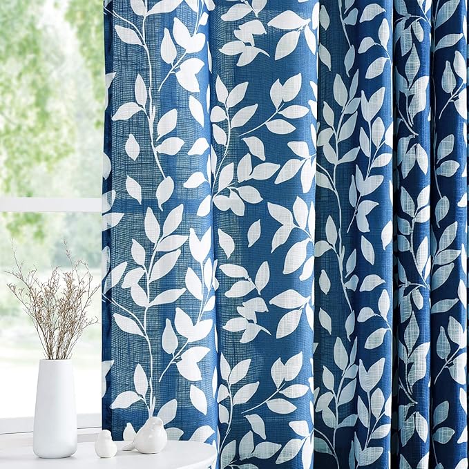 White and Blue Curtains for Bedroom 84" Length Semi-Sheer Print Leaf Curtains for Living Room Windows, Deep Blue Grommet Top, 2 Pack