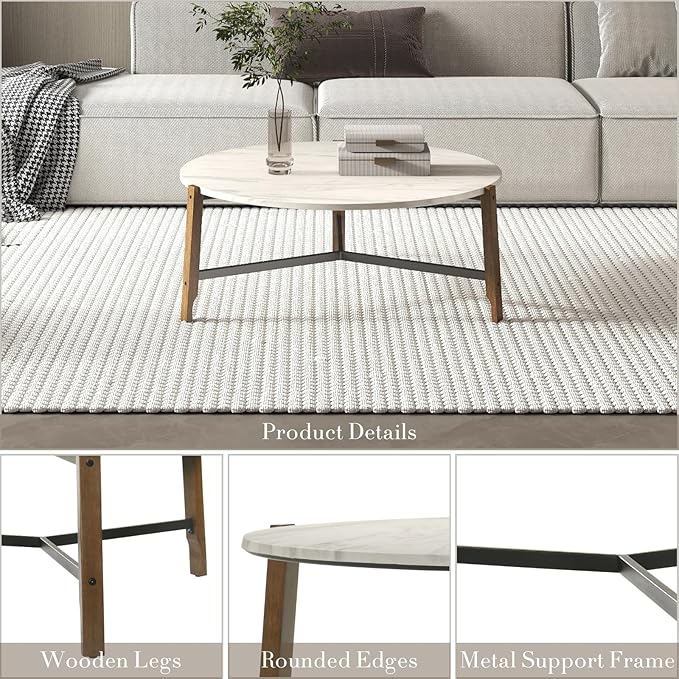 HEAH-YO Round Coffee Table, 36” Wooden Coffee Tables for Living Room, Modern Corner Table for Small Spaces, White