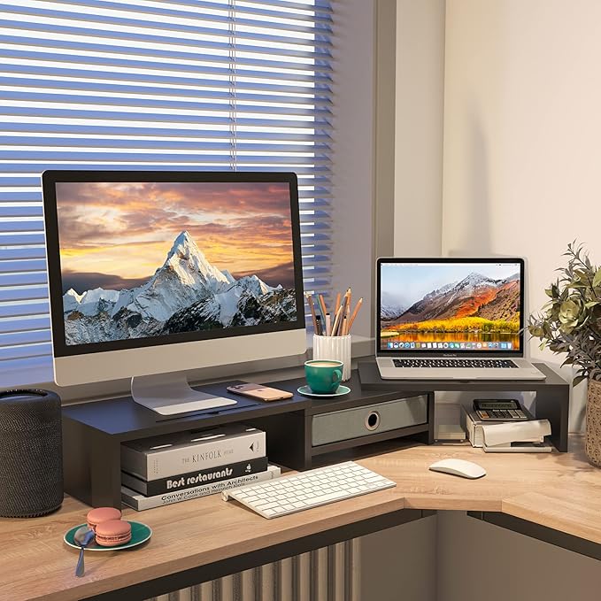 WESTREE Dual Monitor Stand Riser with Drawer, Adjustable Length and Angle Monitor 2 Solts for Phone & Tablet, Desktop Organizer Stand for Computer/Laptop/PC/Printer
